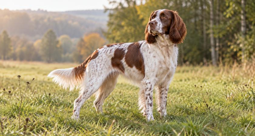 Der Epagneul Français ist ein mittelgroßer französischer Vorstehhund mit braun-weißem Fell. Er arbeitet eifrig, ist meist sanft und braucht Jagd- oder Nasenarbeit.